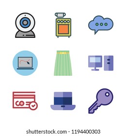 home icon set. vector set about laptop, computer, webcam and stove icons set.