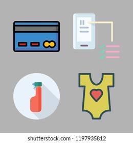 home icon set. vector set about credit card, tools and utensils, baby clothes and phone icons set.