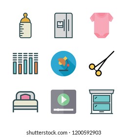 home icon set. vector set about fridge, pijama, video player and scissors icons set.