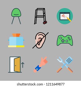 home icon set. vector set about tablet, toaster, virtual reality and modern chair icons set.