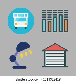 home icon set. vector set about sound bars, desk lamp, garage and caravan icons set.