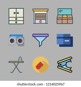 home icon set. vector set about filter, credit card, iron board and closet icons set.