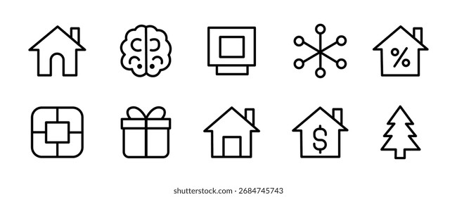 Casa, Vector, cuadrado, copo de nieve, por ciento, regalo, árbol, casa, dólar, símbolo, contorno, línea, gráfico, símbolo, símbolo, símbolo, etc.