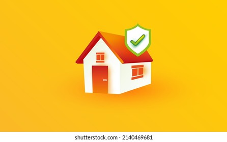 Home Icon With Shield And Check Mark Icon Isolated On Yellow Background. House Safety Symbol.  Insurance Concept 3d Vector Illustration Style.