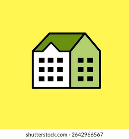 Home icon, sign and symbol icon. Flat vector with yellow background. Green colour. Minimalist illustration for icon interface, banner, layout, social media post, flyer and mobile apps.