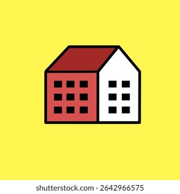 Home icon, sign and symbol icon. Flat vector line art with yellow background. Maroon colour. Minimalist illustration for icon interface, banner, layout, social media post, flyer and mobile apps.