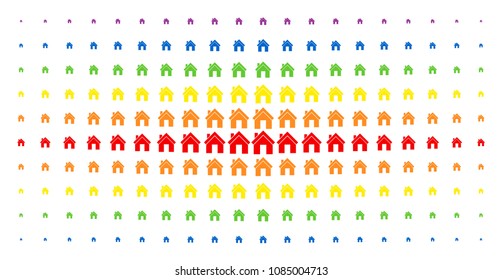 Home icon spectral halftone pattern. Vector home objects are arranged into halftone grid with vertical spectrum gradient. Constructed for backgrounds, covers, templates and abstraction concepts.
