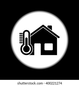 Home icon with thermometer icon. Flat design style.