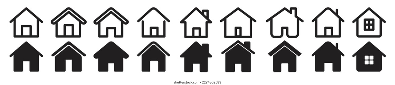 Home icon thin outline vector set in flat line style. homepage icon set in filled and outlined. house icon vector. Black home icons collection for web or app ui design. 