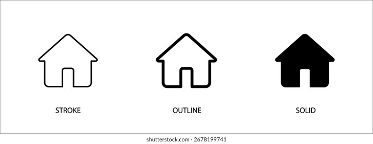 Home-Symbol für ui-Design, Web-Schnittstelle, Haus, Wohnsitz, Adresse. Vektorstrich, Kontur und Volumenkörpersymbol. EPS10-Datei.