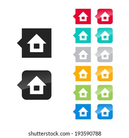 Home icon for user interface - flat and glossy style, color variations. Stylized square speech bubbles with symbol.