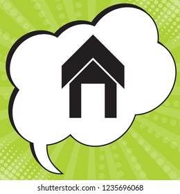 Home icon. Vector. Black icon in speech bubble at popart yellow green background.