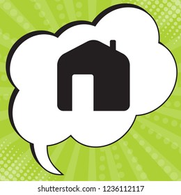Home icon. Vector. Black icon in speech bubble at popart yellow green background.
