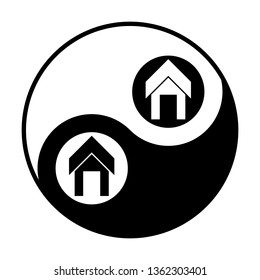 Home icon. Vector. Black and white icon inside circles of yin and yang symbo at white background.