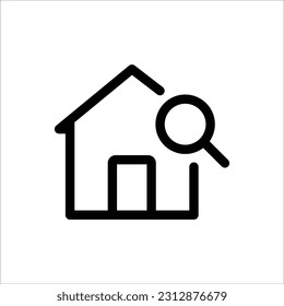 Home icon vector in flat design illustration with search, magnifying glass sign. Isolated on white background. Find, search homepage symbol. Home icon outline design. Perfect for all project, website.