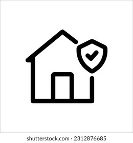 Home icon vector in flat design illustration with check mark shield symbol. Isolated on white background. Secure, safety, protection sign. Approved, completed vector icon. Home icon outline design.