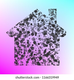 Home icon. Vector. Gray icon with bubbled texture at color background with pink and sky blue corners.