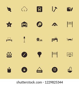 home icon. home vector icons set floor lamp, hammer nails, paint can and plates shelf