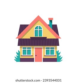 Home icon, vector illustration flat design. House with beautiful scenery, cottage outdoors. Isolated on white background.