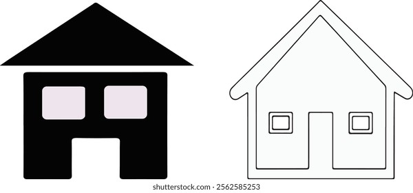 Home icon vector illustration. Minimalist house silhouette and line art icons, Perfect for real estate, construction, architecture, and home decor designs. 