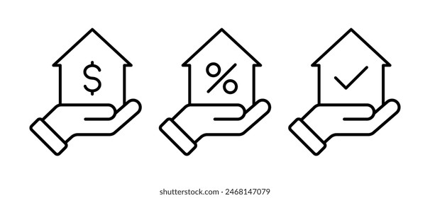 Conjunto de Vectores de iconos de inicio. Contorno de bienes raíces con símbolo de mano
