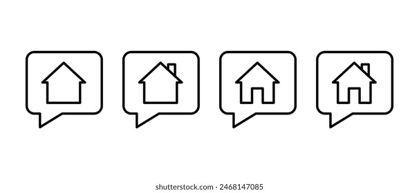Home icon vector set. Outline real estate with bubble speech symbol