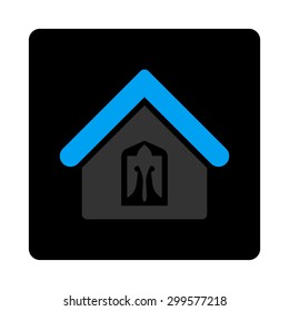Home icon. Vector style is bicolor flat symbol, gray and light blue colors, black rounded square button, white background.