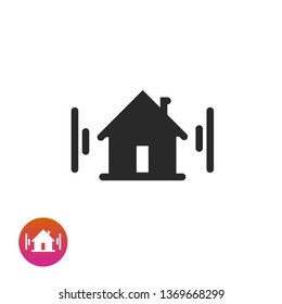 Home icon vector symbol, black and white house pictogram with signal waves, idea of door phone protection technology or alarm technology system for smart house