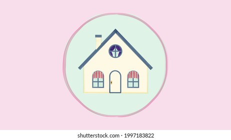 Home icon. Vector watercolor illustration of an icon for social network applications with the image of a house. Icon with a white house with a door and two windows decorated with white and red awnings