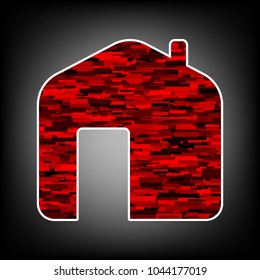 Home icon. Vector. Icon with white contour and texture from red rectangles at grayish background.