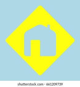 Home icon. Vector. Yellow romb with hole as icon on lightblue background.