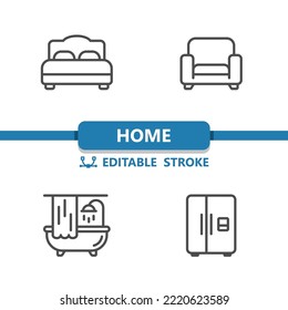 Home Icons. Bed, Armchair, Bathtub, Fridge, Real Estate Icon. Professional, 32x32 pixel perfect vector icon. Editable Stroke