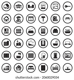 Home Icons. Black Flat Design In Circle. Vector Illustration.