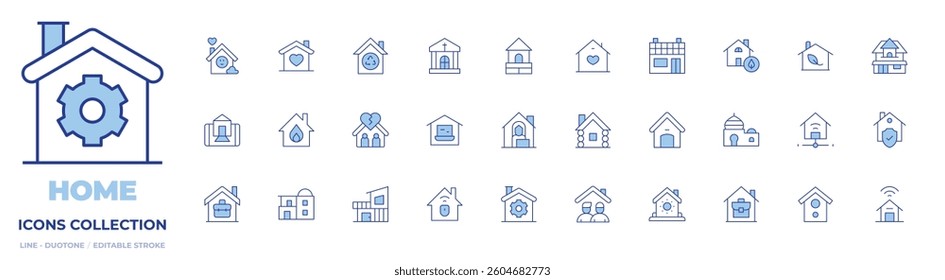 Home icons collection. Line Duotone style, editable stroke. modern, working at, solar, eco, work from home, bird house.