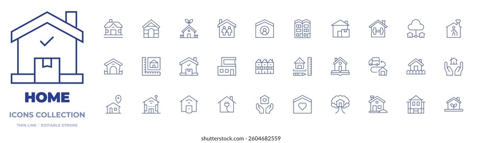 Home icons collection. Thin Line icons, editable stroke. home, multifamily house, dog house, smart house, eco, tree, home automation.