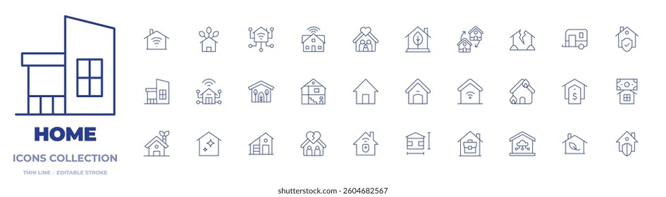 Home icons collection. Thin Line icons, editable stroke. green, smart, house on fire, house plan, insurance, green house, broken.