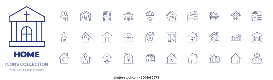 Home icons collection. Thin Line icons, editable stroke. green, home insurance, eco house, dog house, beach, big, octagon house