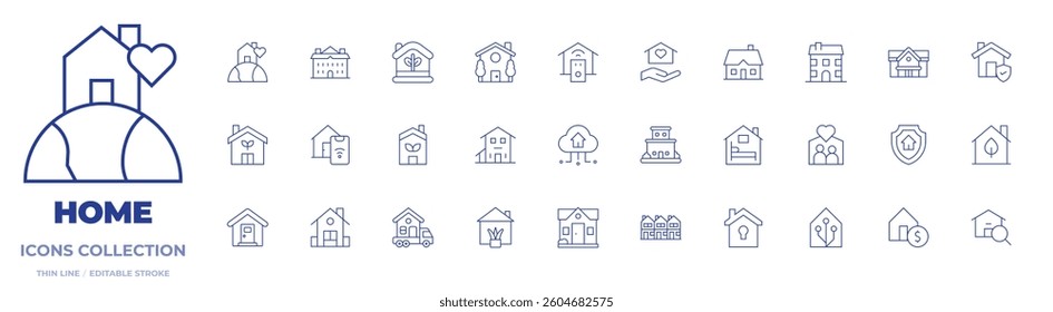 Home icons collection. Thin Line icons, editable stroke. home security, smart house, eco, eco house, moving, insurance, smart home.