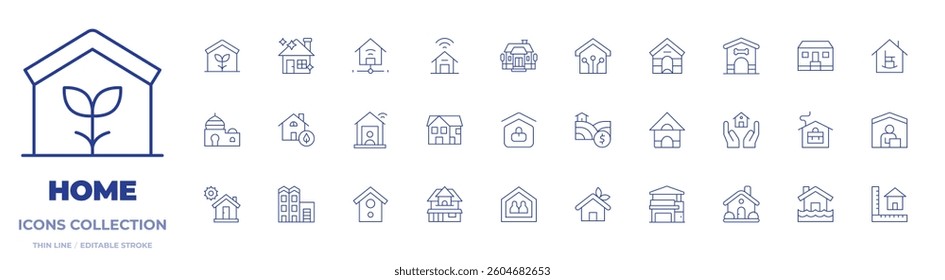 Home icons collection. Thin Line icons, editable stroke. home, eco, shared housing, flooded house, smart house, work from home, bird.