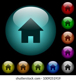 Home icons in color illuminated spherical glass buttons on black background. Can be used to black or dark templates