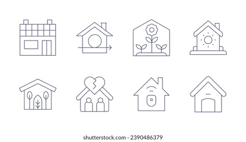 Home icons. Editable stroke. Containing solar house, green home, green house, home, broken, house, dog house.