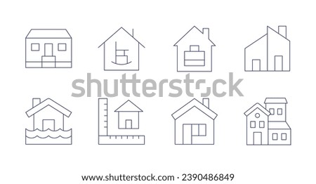 Home icons. Editable stroke. Containing house, flooded house, working at home, retirement home, size, modern house, semi detached.