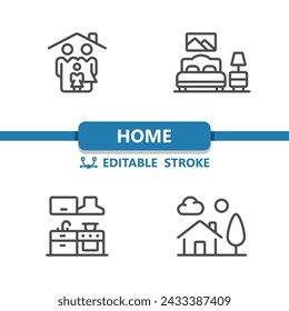 Home Icons. Family, Bedroom, Room, Kitchen, House, Real Estate Icon. Professional, 32x32 pixel perfect vector icon. Editable Stroke