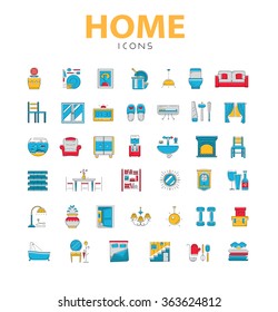 Home icons, house related objects, vector icons in color, line style, 40 pieces