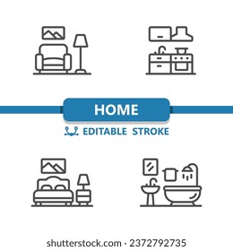 Home Icons. Living Room, Kitchen, Bedroom, Bathroom Icon. Professional, 32x32 pixel perfect vector icon. Editable Stroke