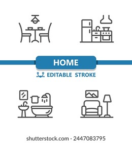 Home Icons. Living Room, Kitchen, Dining Room, Bathroom Icon. Professional, 32x32 pixel perfect vector icon. Editable Stroke