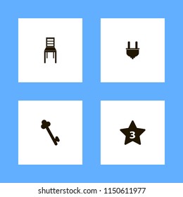 home icons. plug, hotel three stars, key and chair vector icons set