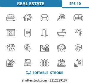 Iconos domésticos. Inmobiliaria, Casa, Casa, Muebles, Habitaciones. Profesional, icono vector perfecto de 32x32 píxeles. Stroke Editable