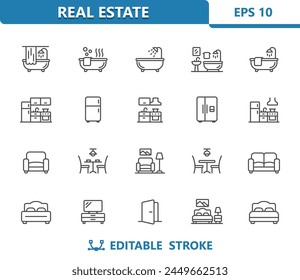 Iconos de inicio. Habitación, Muebles, Electrodomésticos, Baño, Cocina, Sala de estar, Dormitorio. Profesional, Vector perfecto de 32x32 píxeles. Trazo editable