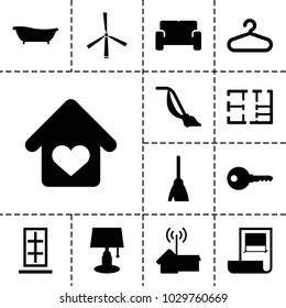 Home icons. set of 13 editable filled home icons such as hanger, broom, vacuum cleaner, table lamp, key, bath, sofa, plan, mill